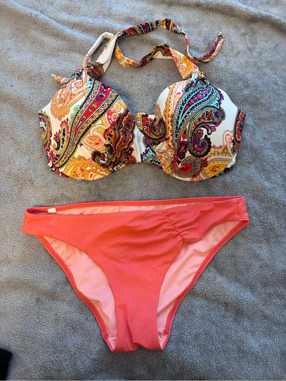 Victoria's Secret Coral Bikini Bottom with Multi-Color Paisley Underwire Top